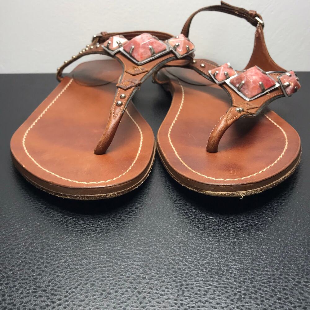 Miu Miu SZ 41 Brown Leather Thong Gladiator Sandals Pink Silver Pyramid Studs - Picture 7 of 13